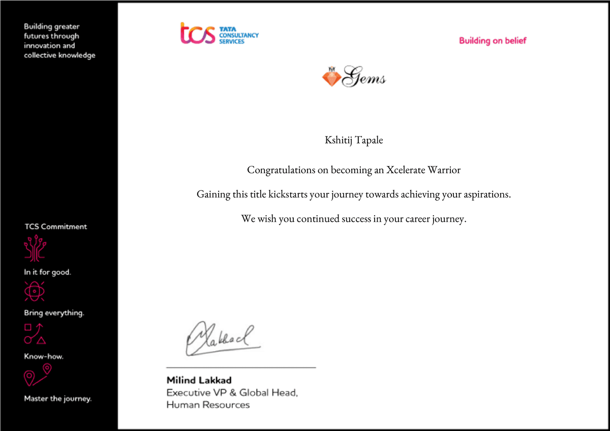TCS Xcelerate Warrior Award